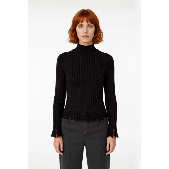 Kadın Fitted Kesim Crop Dik Yaka Uzun Reglan Kollu Fitilli Triko Kazak Soğuk Havalar İçin Şık Ve