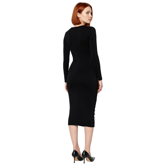 Kadın Fitted Kesim Derin V Yaka Uzun Kollu Midi Boy Büzgülü Elbise Kış Akşamları İçin Zarif Seçim