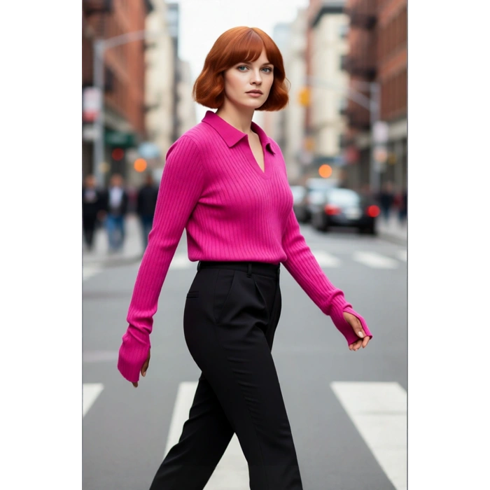 Kadın Fitted Kesim Polo Yaka Fitilli Akrilik Triko Kazak Kışlık Kombinlerin Şık Tamamlayıcısı