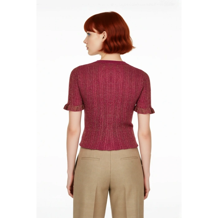 Kadın Fitted Kesim Simli İnce Triko Bluz Bisiklet Yaka Fırfır Kollu Crop Model Modern Stil