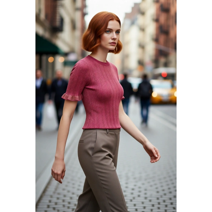 Kadın Fitted Kesim Simli İnce Triko Bluz Bisiklet Yaka Fırfır Kollu Crop Model Modern Stil
