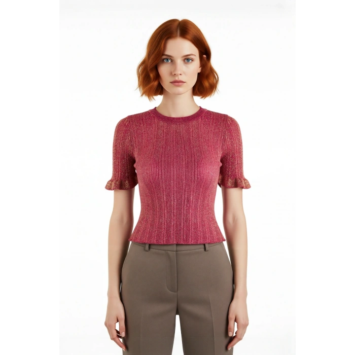 Kadın Fitted Kesim Simli İnce Triko Bluz Bisiklet Yaka Fırfır Kollu Crop Model Modern Stil