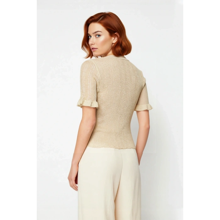 Kadın Fitted Kesim Simli İnce Triko Bluz Bisiklet Yaka Fırfır Kollu Crop Model Modern Stil