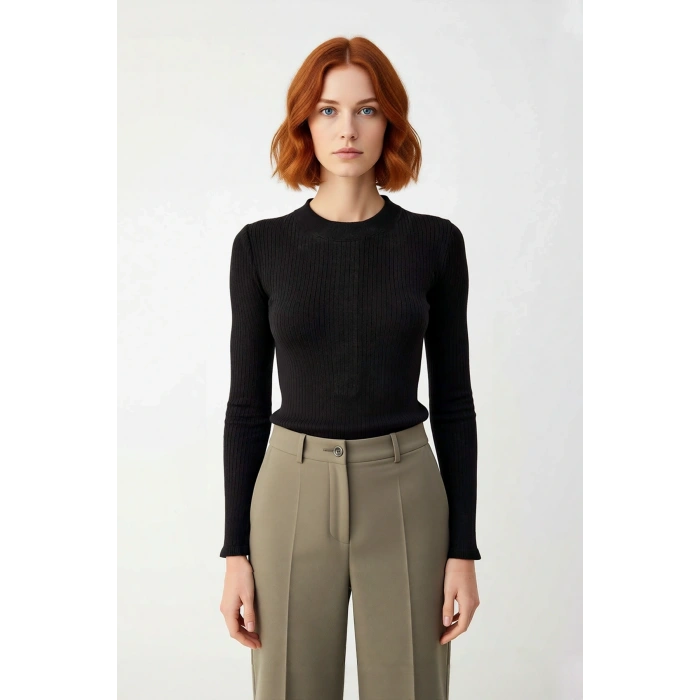 Kadın Fitted Polo Yaka Triko Kazak Uzun Kollu Kontrast Detaylı Modern ve Rahat Stil Kaliteli