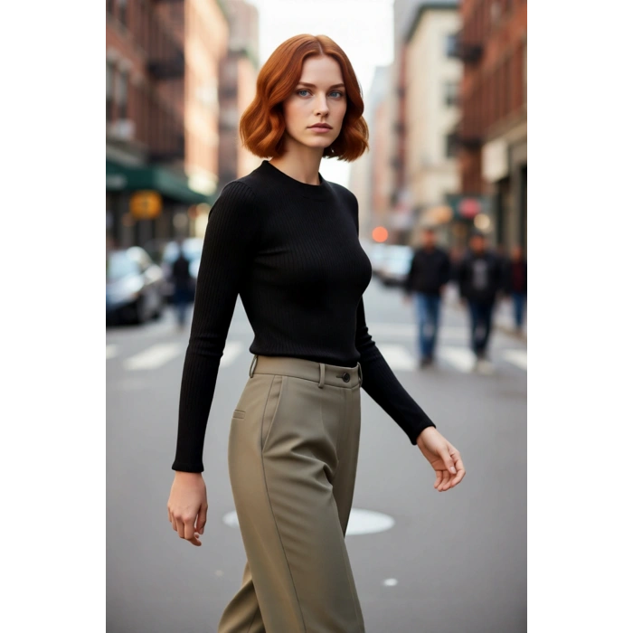 Kadın Fitted Polo Yaka Triko Kazak Uzun Kollu Kontrast Detaylı Modern ve Rahat Stil Kaliteli