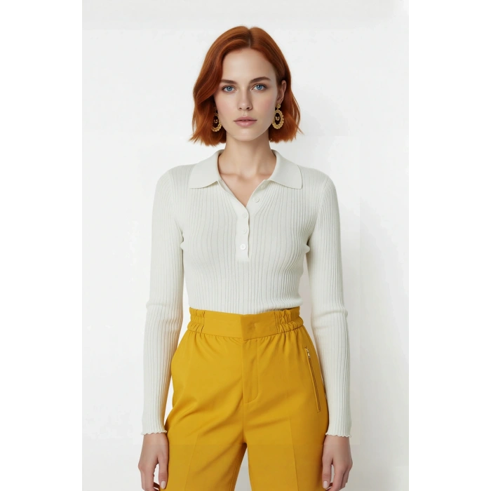 Kadın Fitted Polo Yaka Uzun Kol Fitilli Triko Kazak İlkbahar Sonbahar İçin İdeal Seçim Kaliteli