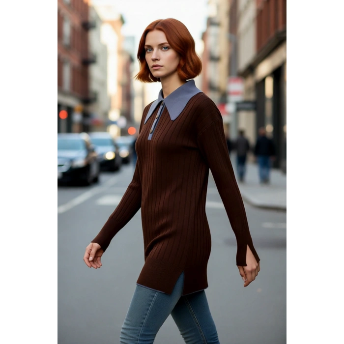 Kadın Fitted Polo Yaka Uzun Kollu Dokulu Triko Kazak Günlük Şıklığı Tamamlayan Akrilik Dokusu