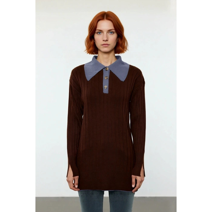 Kadın Fitted Polo Yaka Uzun Kollu Dokulu Triko Kazak Günlük Şıklığı Tamamlayan Akrilik Dokusu