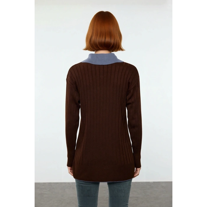 Kadın Fitted Polo Yaka Uzun Kollu Dokulu Triko Kazak Günlük Şıklığı Tamamlayan Akrilik Dokusu