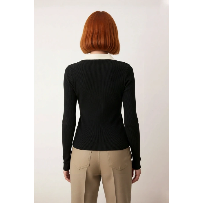 Kadın Fitted Polo Yaka Uzun Kollu Triko Kazak Fitilli Desenli Şık Günlük Modern Kışlık Tasarım