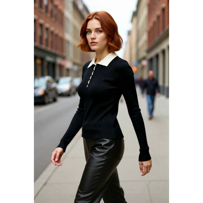 Kadın Fitted Siyah Triko Kazak Polo Yaka Detaylı Uzun Kollu Fitilli Dokuma Kışlık Konfor Kaliteli