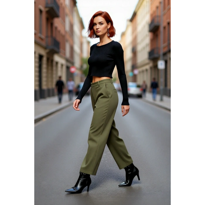 Kadın Fitted Super Crop Bisiklet Yaka Uzun Kollu Fitilli Triko Bluz Yan Detaylı İlkbahar Sonbahar