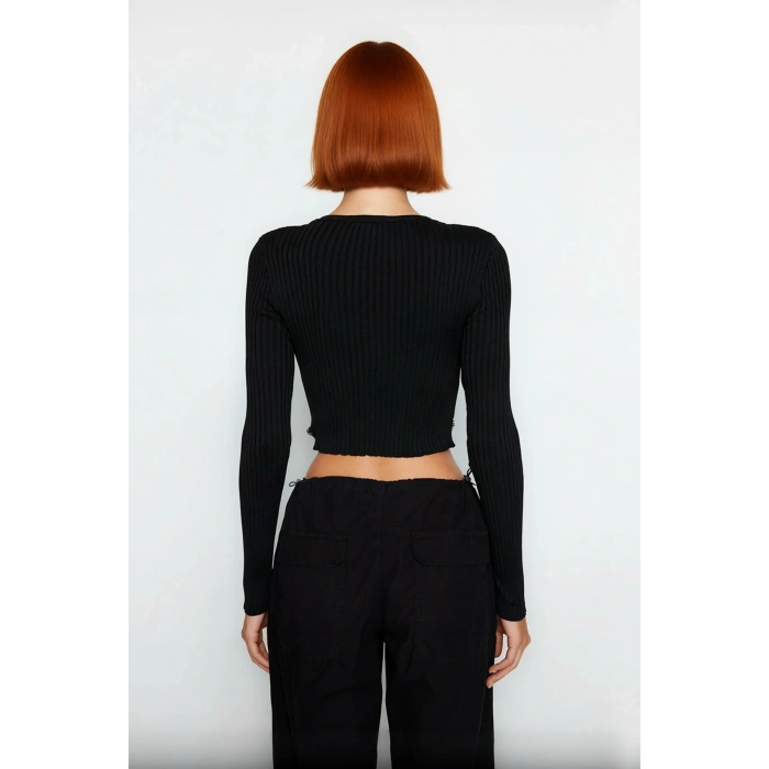 Kadın Fitted Super Crop Bisiklet Yaka Uzun Kollu Fitilli Triko Bluz Yan Detaylı İlkbahar Sonbahar