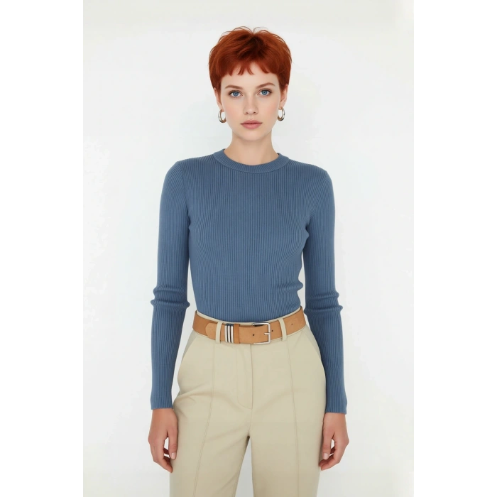 Kadın Fitted Uzun Kol Bisiklet Yaka Triko Kazak Fitilli Düz Desen Akrilik Günlük Şıklık Kaliteli