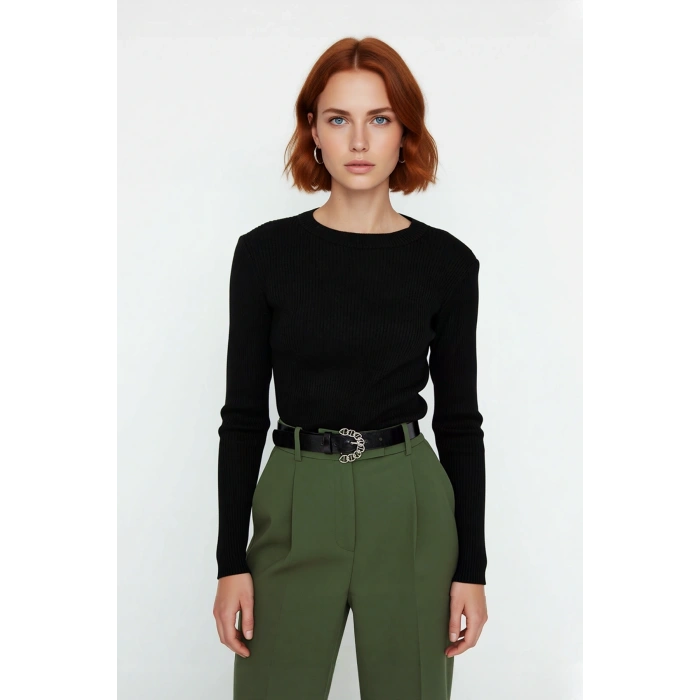 Kadın Fitted Uzun Kol Bisiklet Yaka Triko Kazak Fitilli Düz Desen Akrilik Günlük Şıklık Kaliteli