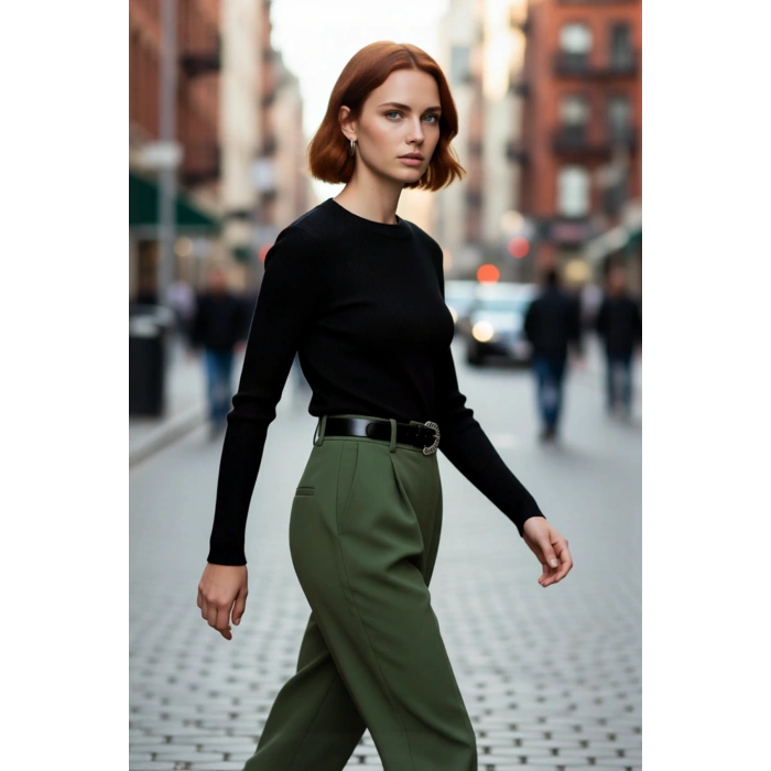 Kadın Fitted Uzun Kol Bisiklet Yaka Triko Kazak Fitilli Düz Desen Akrilik Günlük Şıklık Kaliteli