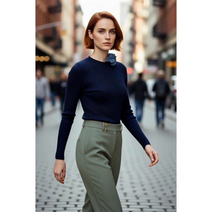 Kadın Fitted Uzun Kol Bisiklet Yaka Triko Kazak Fitilli Düz Desen Akrilik Günlük Şıklık Kaliteli