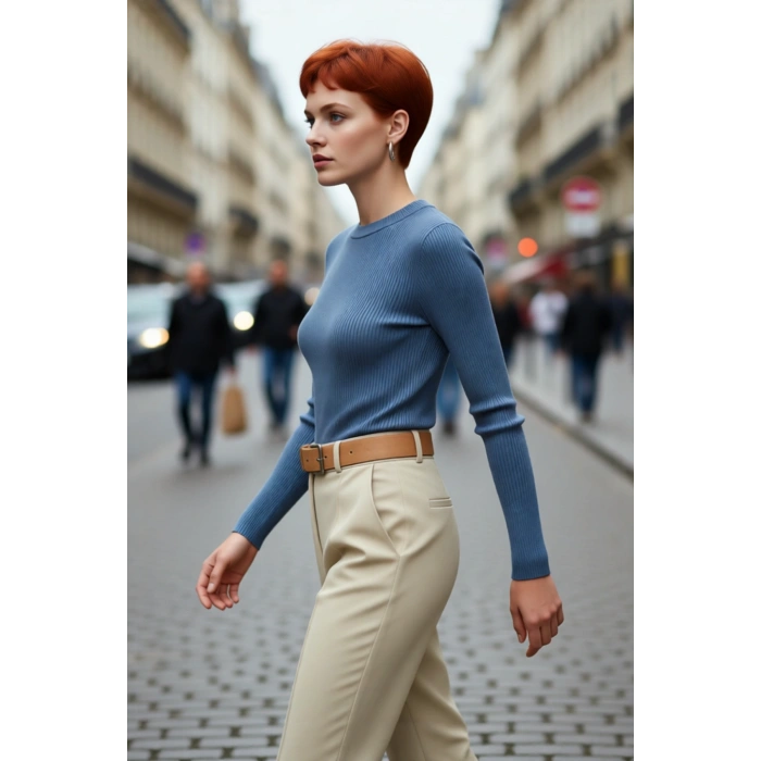 Kadın Fitted Uzun Kol Bisiklet Yaka Triko Kazak Fitilli Düz Desen Akrilik Günlük Şıklık Kaliteli