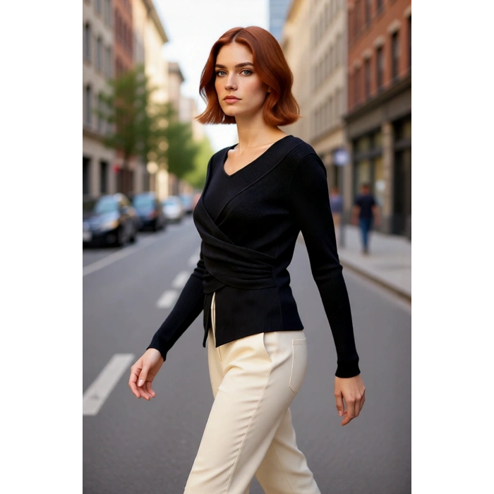 Kadın Fitted V Yaka Drape Detaylı Triko Kazak İlkbahar Sonbahar Günlük Şıklık İçin İdeal Seçim