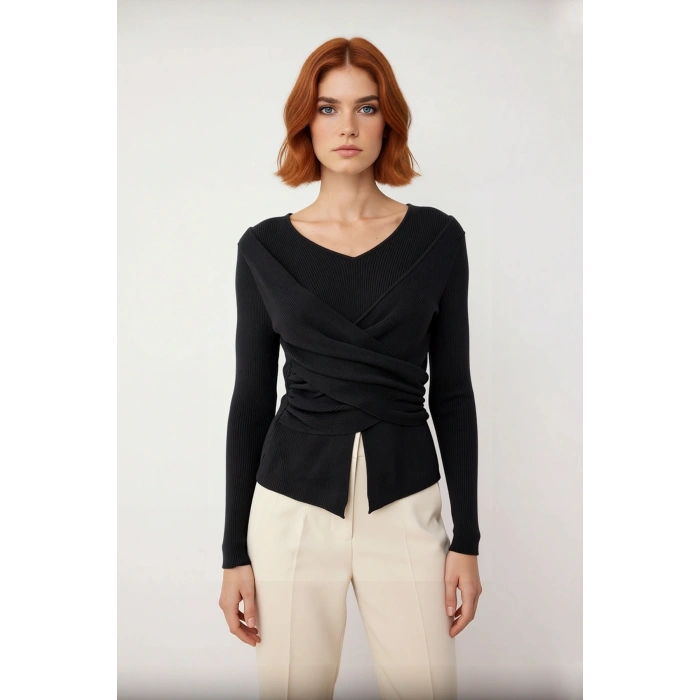 Kadın Fitted V Yaka Drape Detaylı Triko Kazak İlkbahar Sonbahar Günlük Şıklık İçin İdeal Seçim