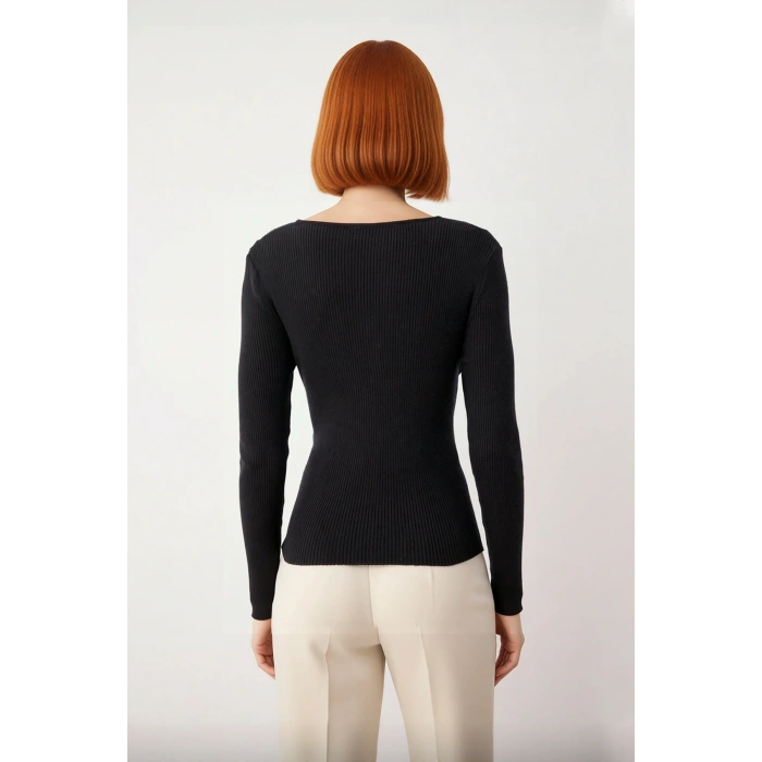 Kadın Fitted V Yaka Drape Detaylı Triko Kazak İlkbahar Sonbahar Günlük Şıklık İçin İdeal Seçim