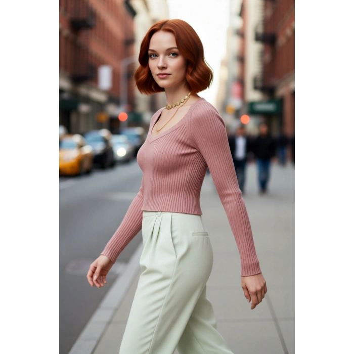 Kadın Fitted V Yaka Reglan Kol Süper Crop Fitilli Triko Kazak Basic Koleksiyon Günlük Şıklık