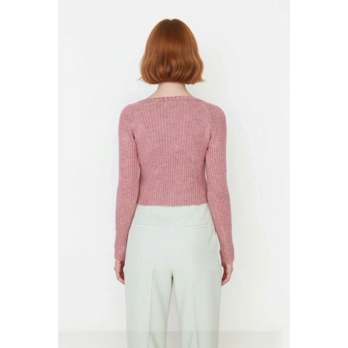 Kadın Fitted V Yaka Reglan Kol Süper Crop Fitilli Triko Kazak Basic Koleksiyon Günlük Şıklık