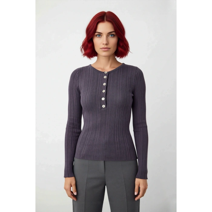 Kadın Fitted Vücuda Oturan Fitilli Bisiklet Yaka Uzun Kollu Triko Kazak İlkbahar Sonbahar Günlük