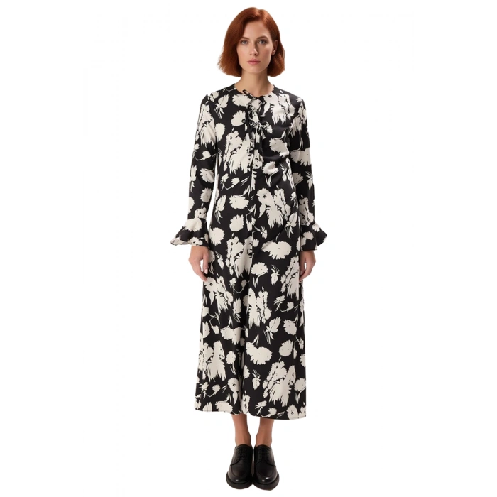 Kadın Fiyonklu Maxi Boy A line Çiçekli İspanyol Kol Bisiklet Yaka Şık Dokuma Elbise Kaliteli