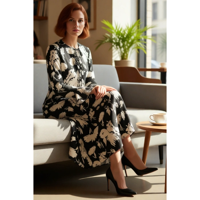 Kadın Fiyonklu Maxi Boy A line Çiçekli İspanyol Kol Bisiklet Yaka Şık Dokuma Elbise Kaliteli