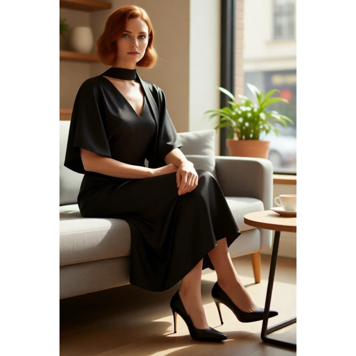 Kadın Fular Detaylı Midi Skater Elbise V Yaka Yarasa Kol Dokuma Kumaş Asil Duruş Şık Tasarım