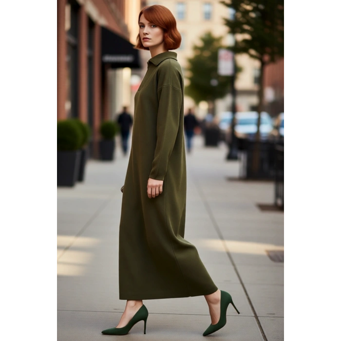 Kadın Füme Rahat Kalıp Maxi Boy Fermuarlı Dik Yaka Düz Desen Uzun Kol Triko Elbise Kaliteli