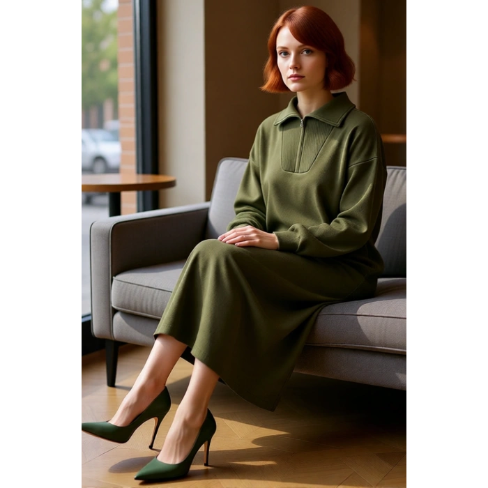 Kadın Füme Rahat Kalıp Maxi Boy Fermuarlı Dik Yaka Düz Desen Uzun Kol Triko Elbise Kaliteli