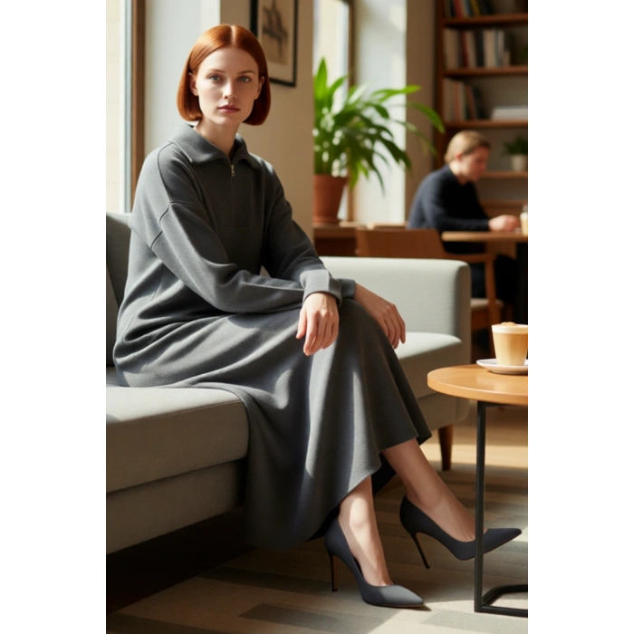 Kadın Füme Rahat Kalıp Maxi Boy Fermuarlı Dik Yaka Düz Desen Uzun Kol Triko Elbise Kaliteli