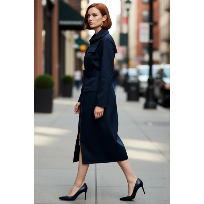 Kadın Gabardin Dokuma Fermuarlı Midi Gömlek Elbise Standart Uzun Kol Astarsız Rahat Şık Kaliteli