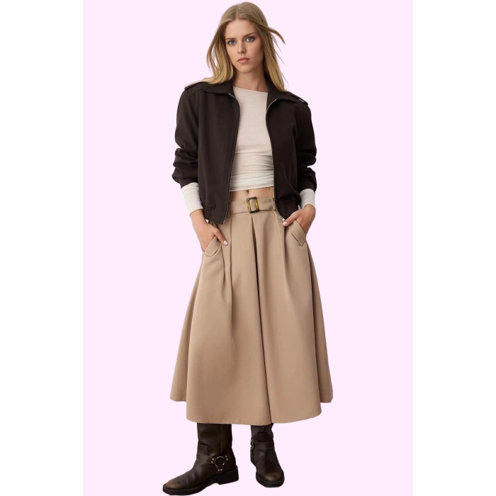 Kadın Gabardin Dokuma Midi Etek Kemer Detayı Casual Kombinler Günlük Kullanım Modern Tasarım