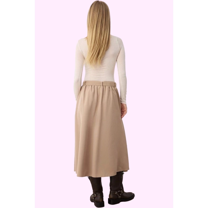 Kadın Gabardin Dokuma Midi Etek Kemer Detayı Casual Kombinler Günlük Kullanım Modern Tasarım