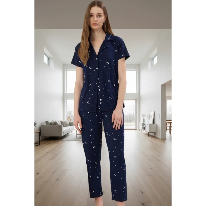 Kadın Galaksi Desenli Pijama Takımı Regular Kalıp Rahat Ev Giyim Ve Şık