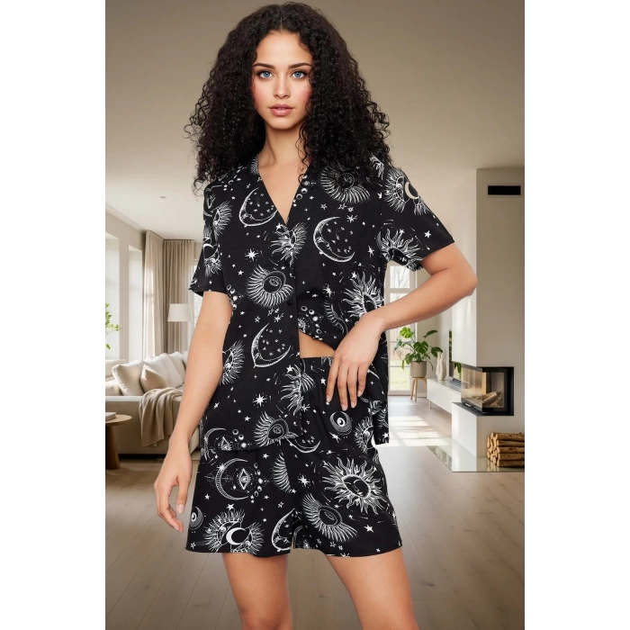 Kadın Galaksi Desenli Viskon Pijama Takımı Rahat Yazlık Ev Giyim Premium Kalite