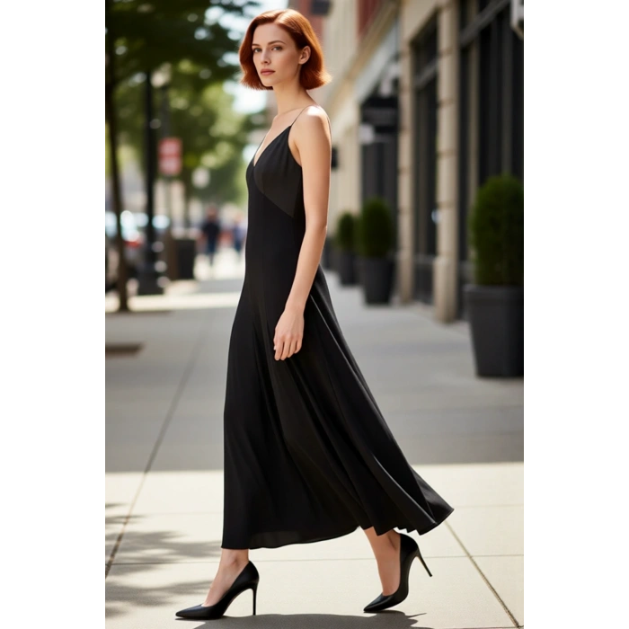 Kadın Gece Elbisesi A line Kesim Maxi Boy V Yaka İnce Askılı Örme Kumaş Modern Şıklık Kaliteli