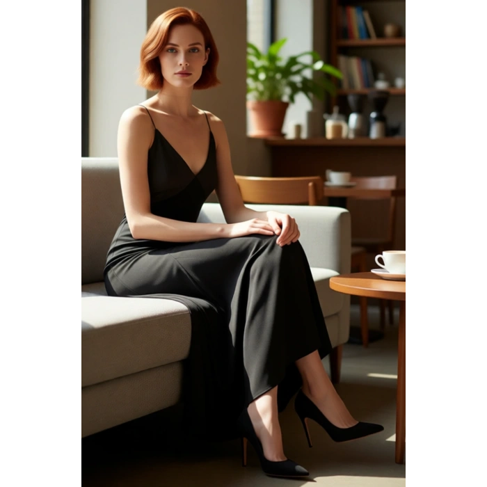 Kadın Gece Elbisesi A line Kesim Maxi Boy V Yaka İnce Askılı Örme Kumaş Modern Şıklık Kaliteli