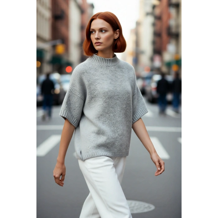 Kadın Geniş Kalıp Basic Dik Yaka Kalın Selanik Dokulu Düşük Kısa Kollu Triko Kazak Günlük Şıklık