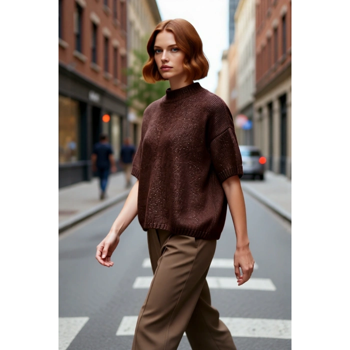 Kadın Geniş Kalıp Basic Dik Yaka Kalın Selanik Dokulu Düşük Kısa Kollu Triko Kazak Günlük Şıklık