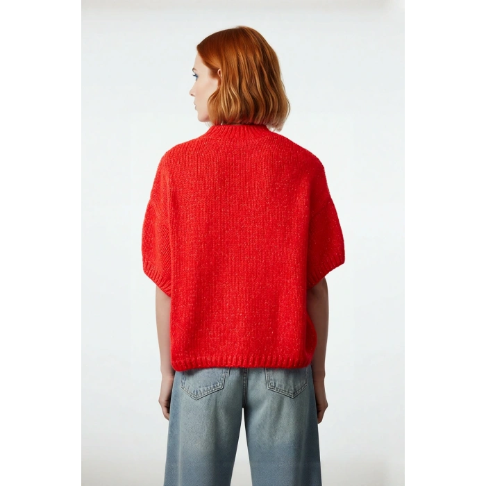 Kadın Geniş Kalıp Basic Dik Yaka Kalın Selanik Dokulu Düşük Kısa Kollu Triko Kazak Günlük Şıklık