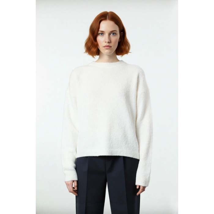 Kadın Geniş Kalıp Çizgili Kışlık Triko Kazak Rahat Bisiklet Yaka Düşük Kollu Konforlu Tasarım