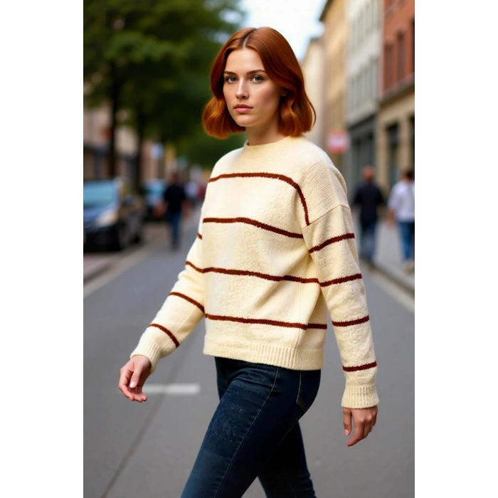 Kadın Geniş Kalıp Çizgili Kışlık Triko Kazak Rahat Bisiklet Yaka Düşük Kollu Konforlu Tasarım