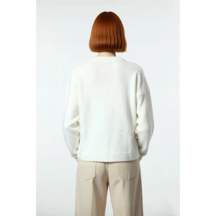 Kadın Geniş Kalıp Çizgili Kışlık Triko Kazak Rahat Bisiklet Yaka Düşük Kollu Konforlu Tasarım