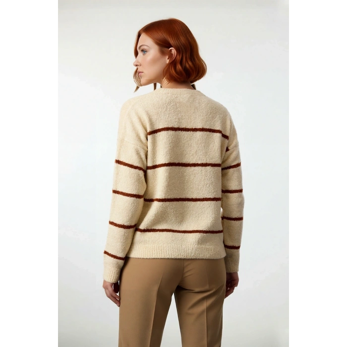 Kadın Geniş Kalıp Çizgili Kışlık Triko Kazak Rahat Bisiklet Yaka Düşük Kollu Konforlu Tasarım