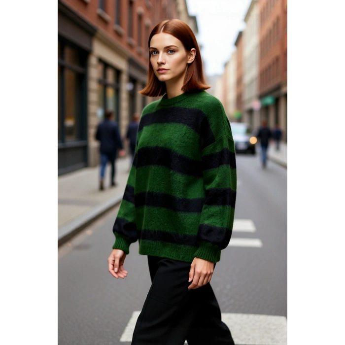 Kadın Geniş Kalıp Çizgili Triko Kazak Rahat Bisiklet Yaka Tasarımı Kış Günleri İçin Konforlu Seçim