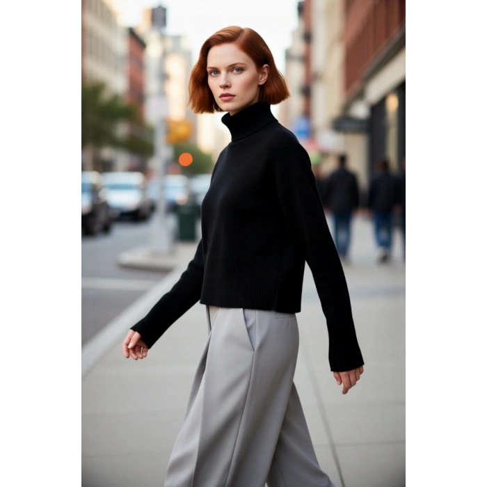 Kadın Geniş Kalıp Dik Yaka Triko Kazak Standart Kollu Orta Kalınlık Düz Desen Kış Kombinleri İçin